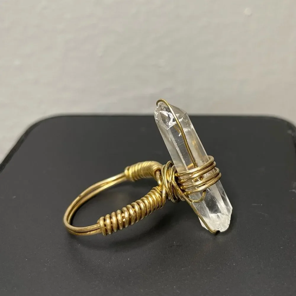 Crystal Quartz Point Gold Tone‎ Brass Ring 6.5
